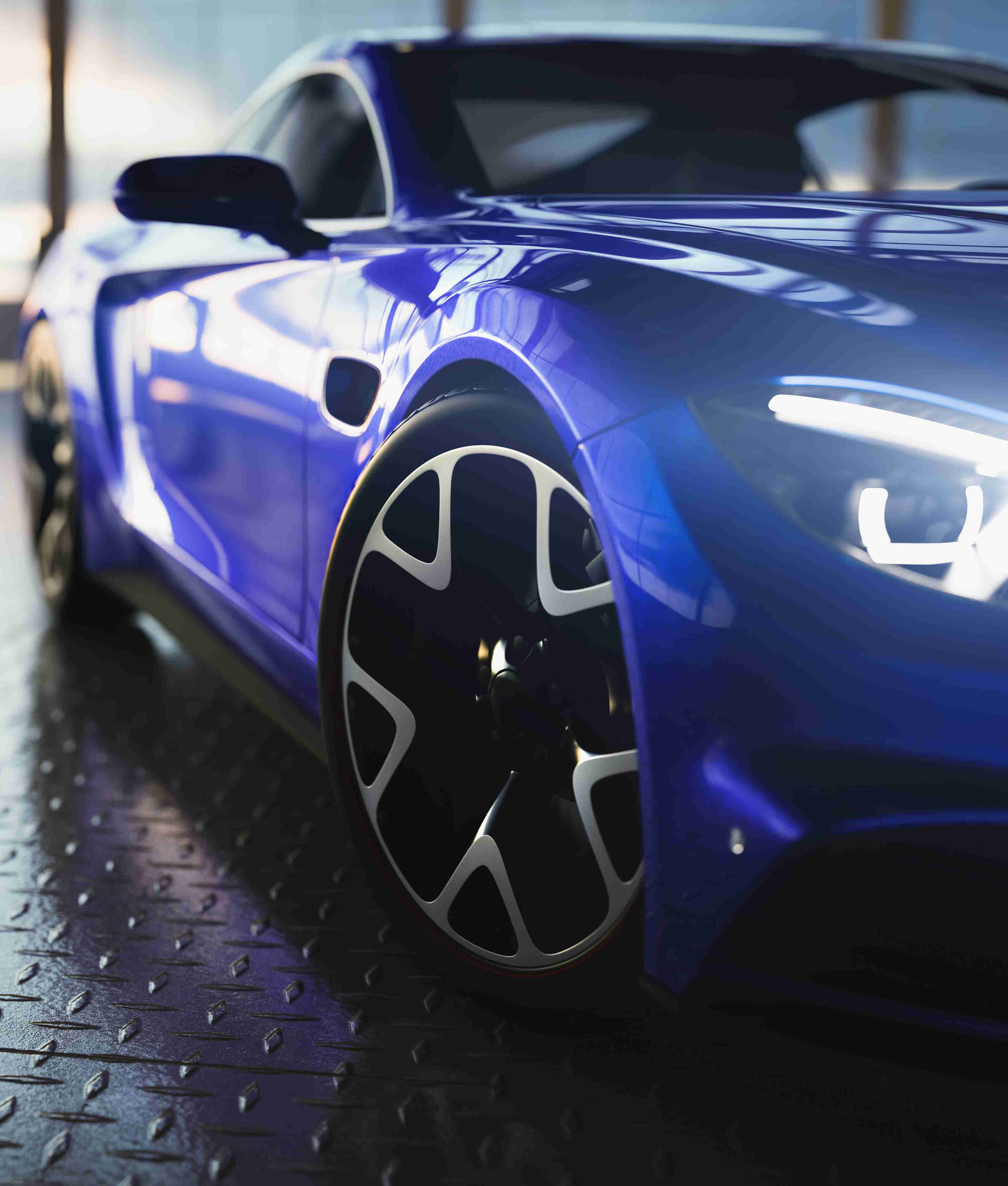 blue car in showroom